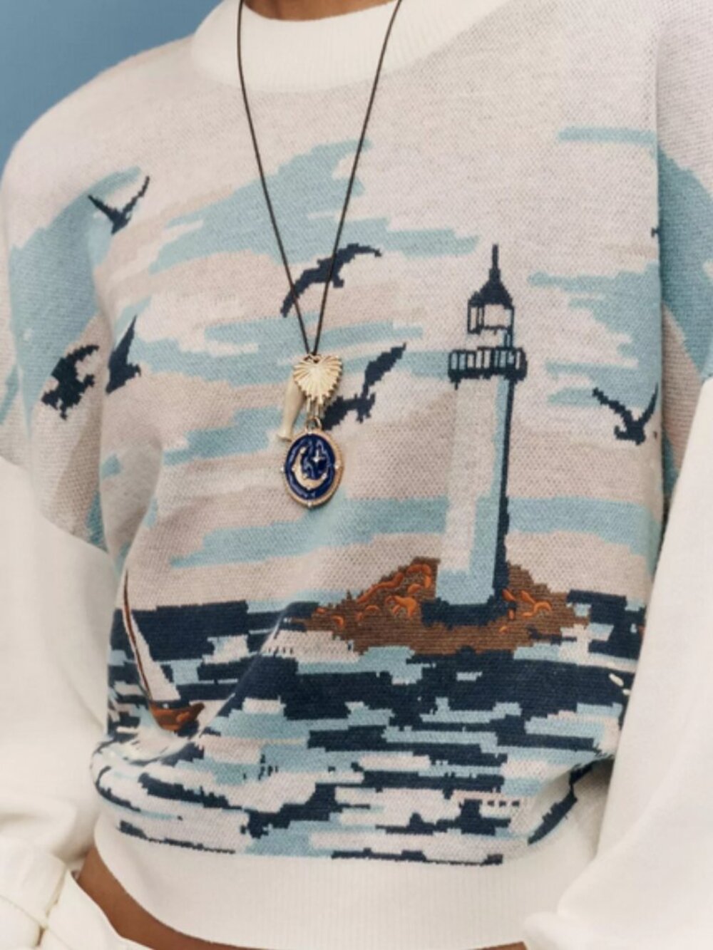 Anthropologie Maeve Nautical Scene Sweater Coastal Lighthouse Seagulls L NWT - Picture 3 of 7